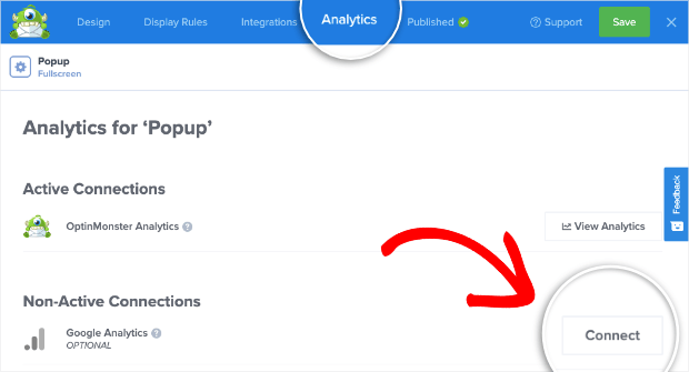 analytics button in optinmonster