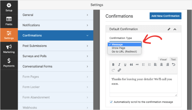 confirmation message wpforms