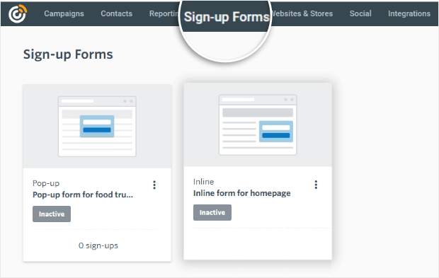 constant contact inbuilt form options