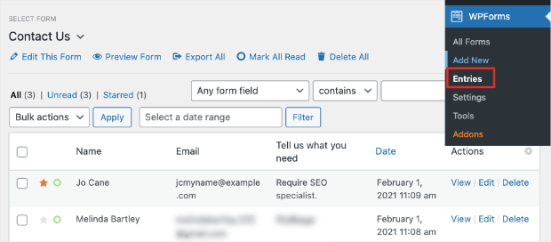 contact us wpforms view entries