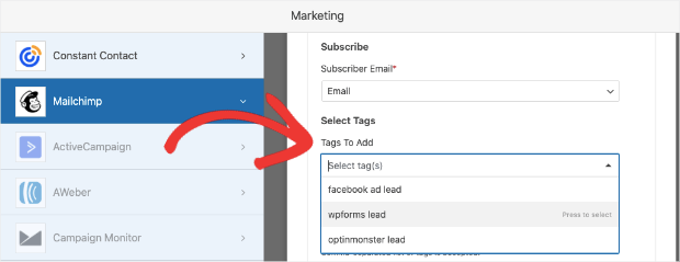 select tag in wpforms