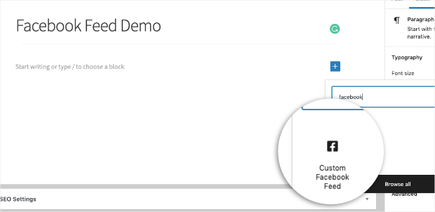 custom facebook feed block in the gutenburg editor