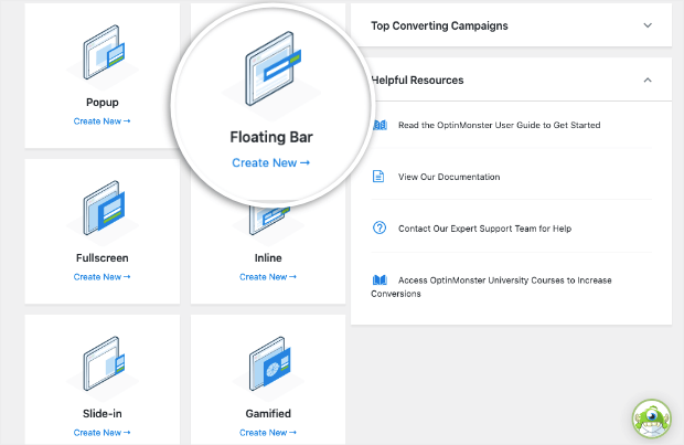 floating bar in optinmonster wordpress dashboard