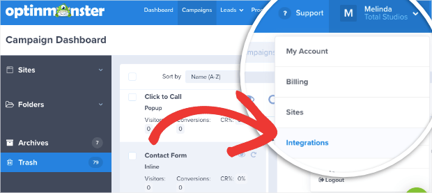 integrations in optinmonster