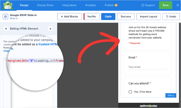 google rsvp embeddable code in the optinmonster editor