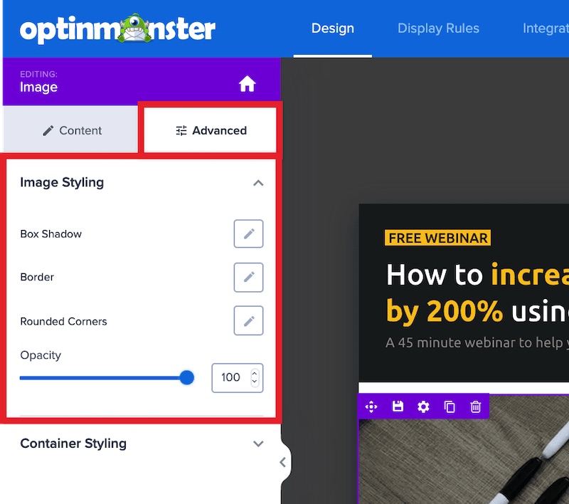Advanced image block style settings in the OptinMonster campaign builder.