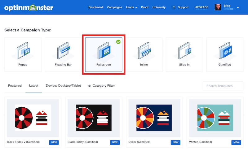 Select Fullscreen as the campaign type when creating a new campaign in OptinMonster.