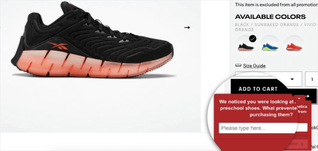 reebok survey popup example