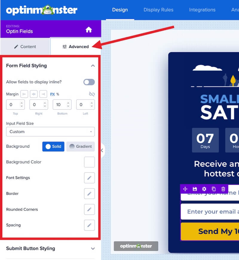 Advanced form field styling options for your OptinMonster campaign.