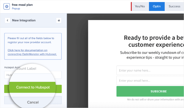 connect to hubspot optinmonster integration