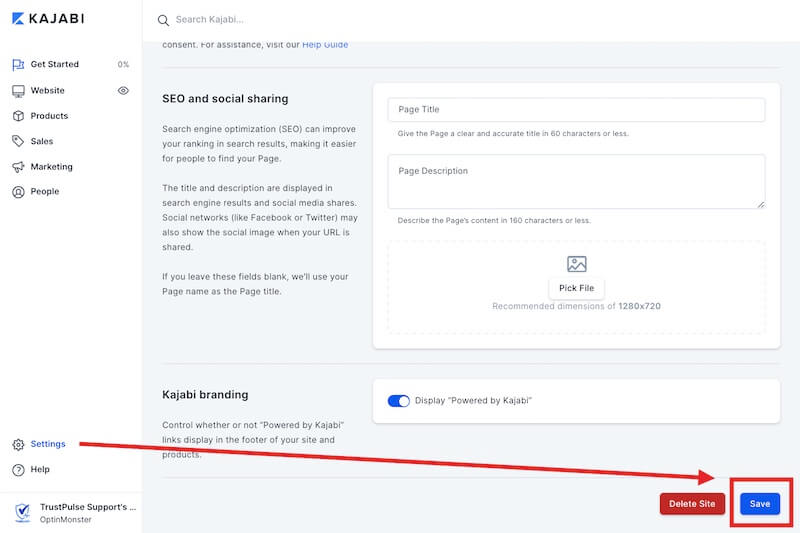 Save changes to the Site Settings in Kajabi to finish embedding OptinMonster.