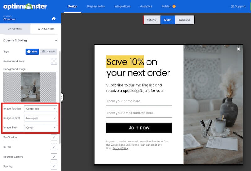 Configure image design options to change the size and positioning.