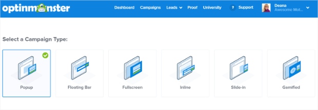 choose popup campaign type from optinmonster