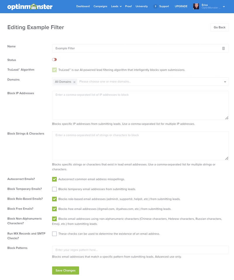 Configure your OptinMonster Lead Verification filter.