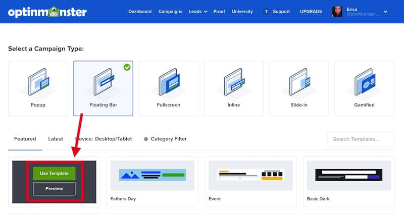 Preview or use a Floating Bar template in OptinMonster.