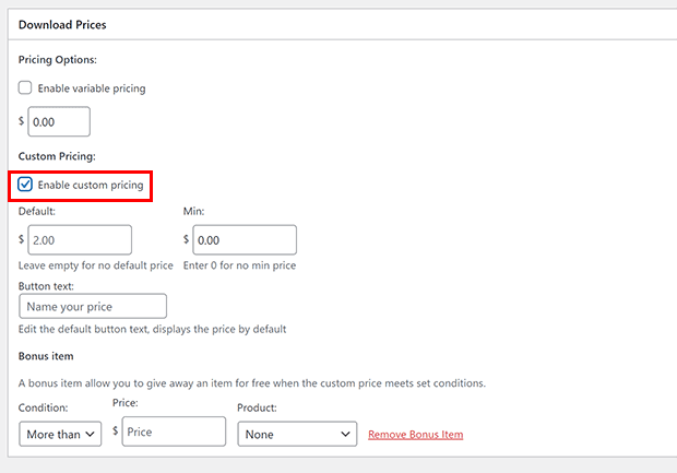 Easy Digital Downloads custom pricing