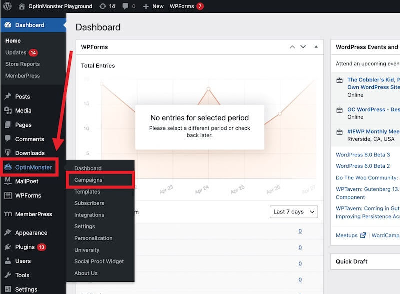 Navigate to the OptinMonster > Campaigns screen in the WordPress admin of your site.