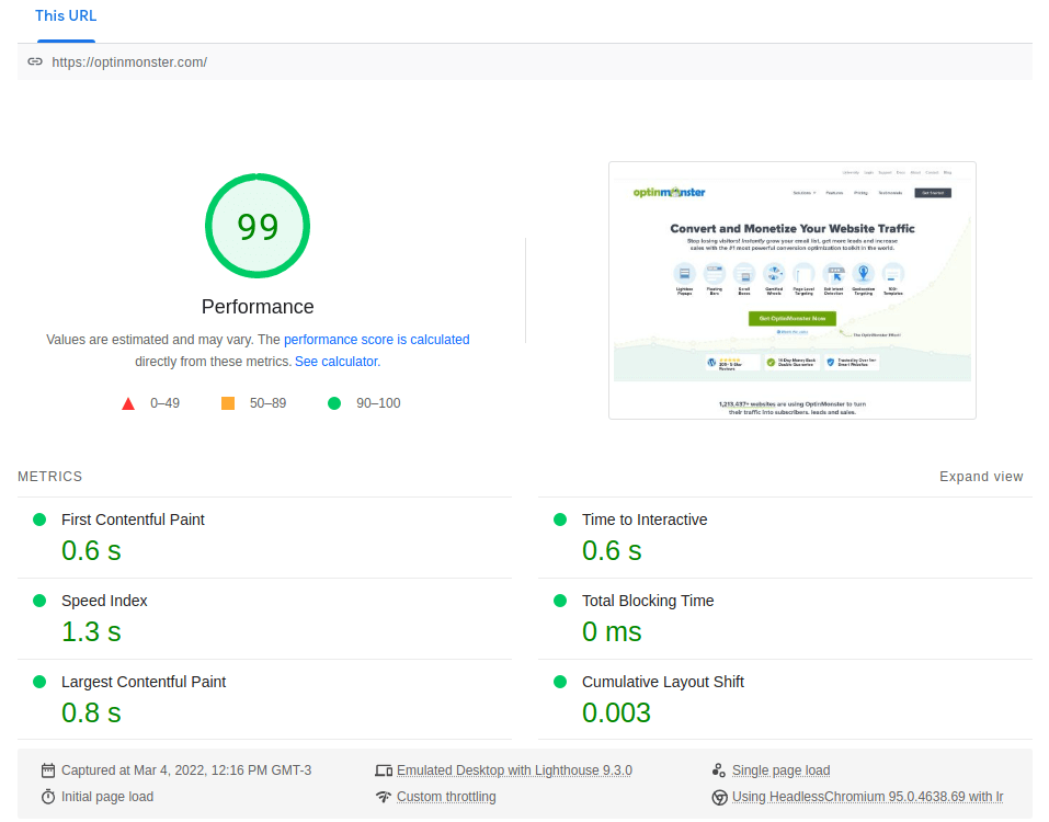 OptinMonster Google Pagespeed Insights Report