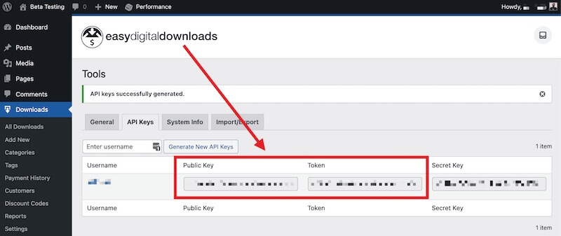 Easy Digital Downloads API Keys.