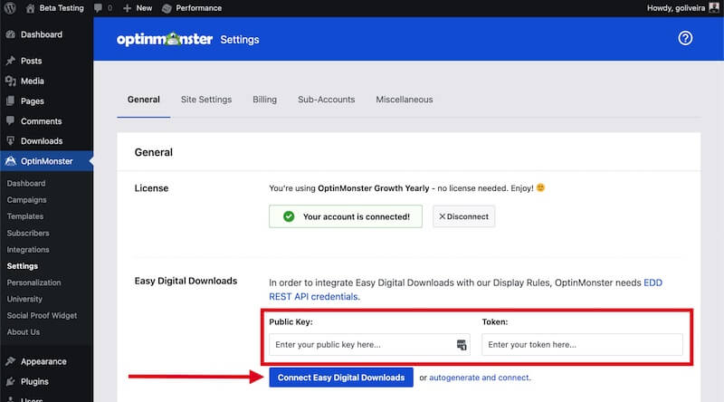 Enter the Easy Digital Downloads Public Key and Token to connect with OptinMonster.