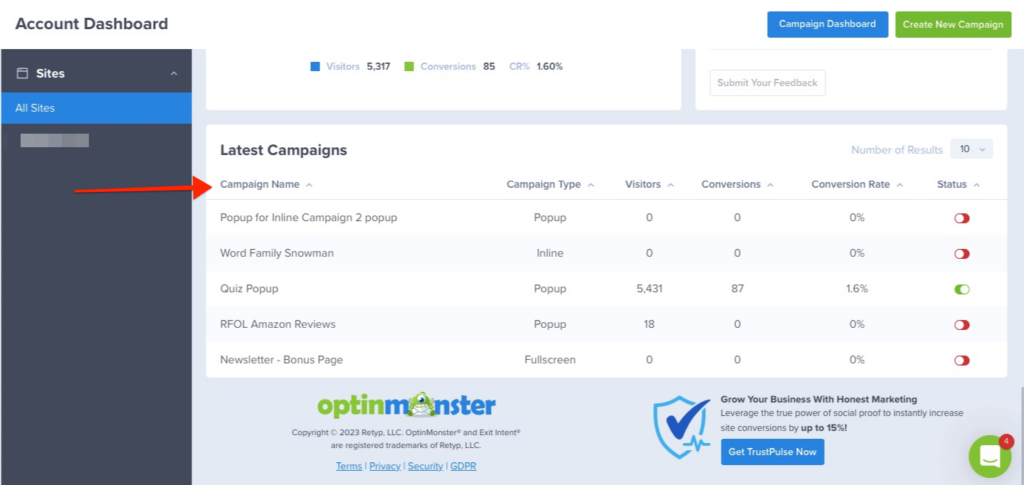 Optinmonster dashboard analytics filter