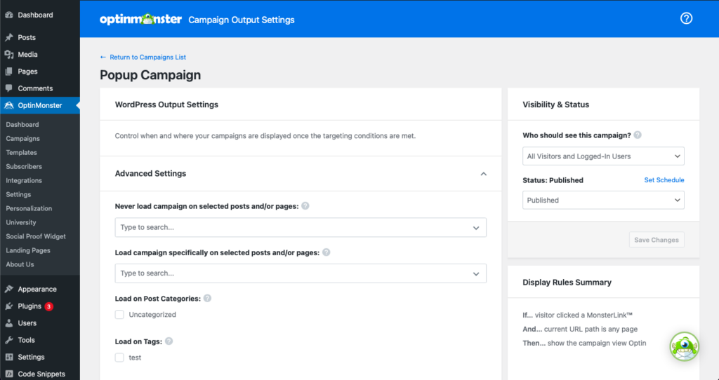 Output Settings screen in the OptinMonster WordPress plugin.