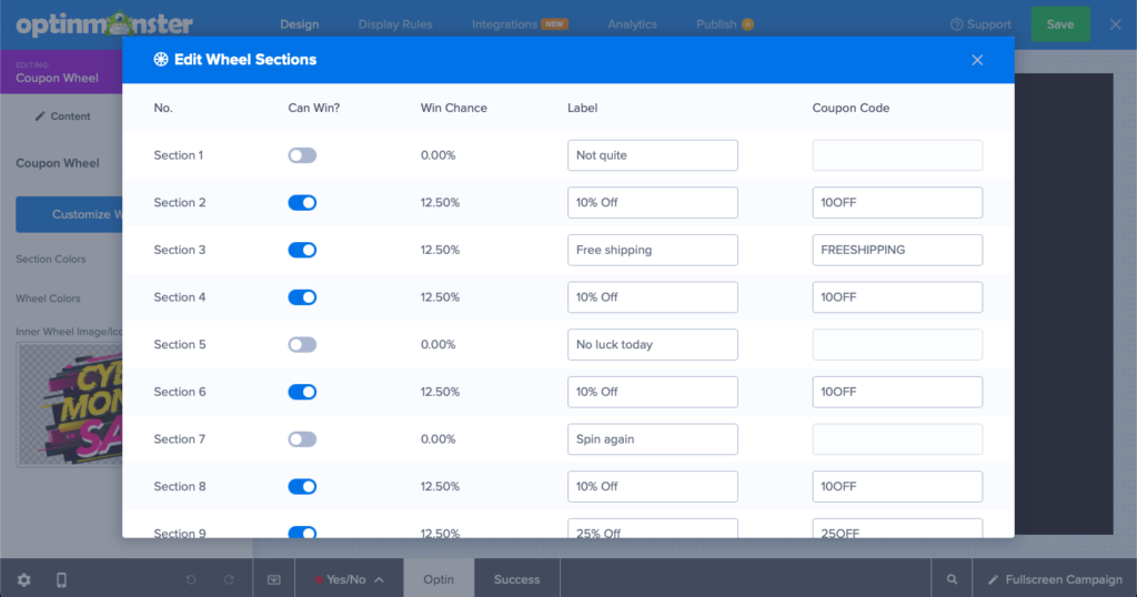 edit coupon wheel sections