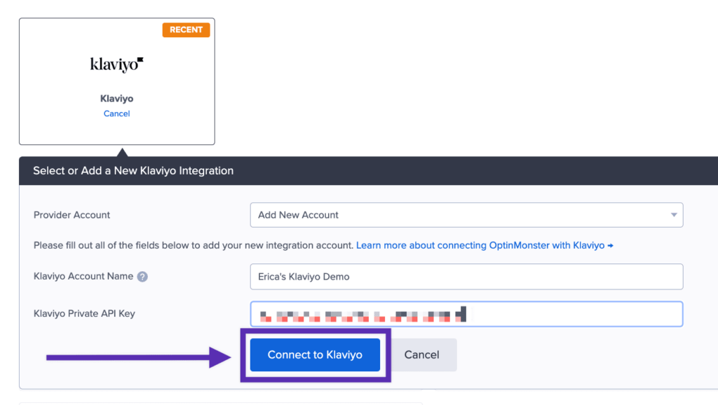 Name your Klaviyo integration and add the Klaviyo API Key.