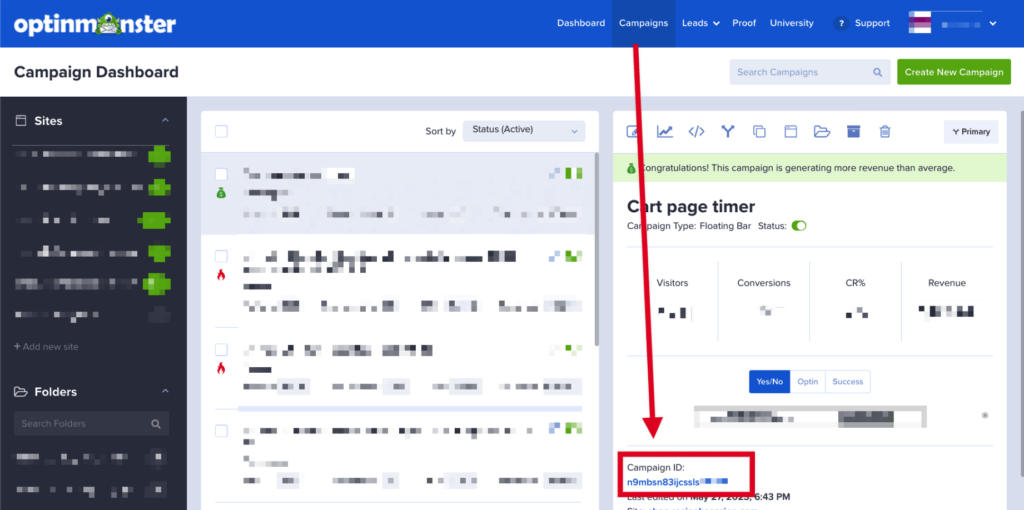 Copy the OptinMonster campaign ID from your account.