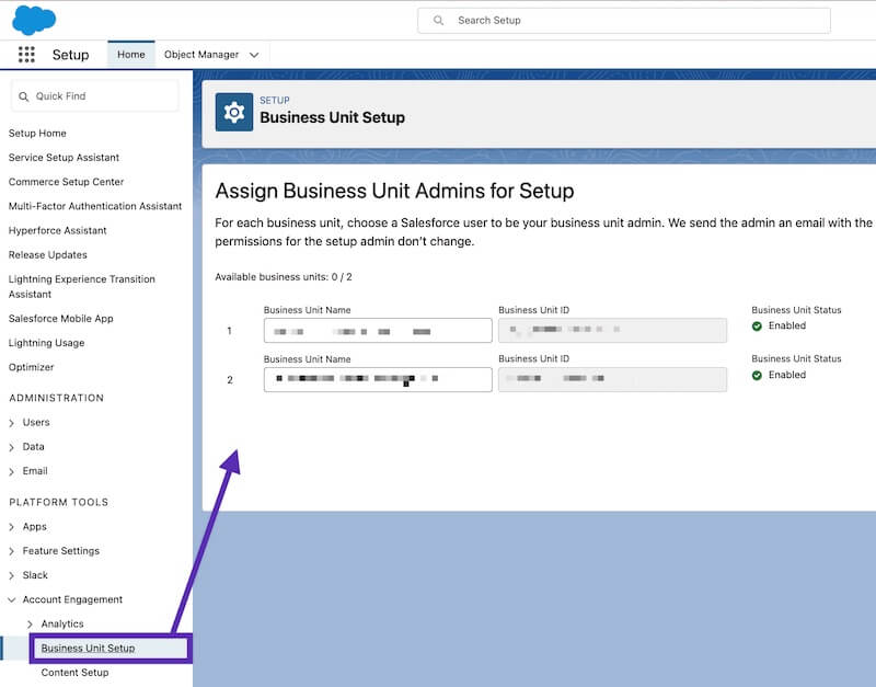 Locate the Business Unit ID for Salesforce.