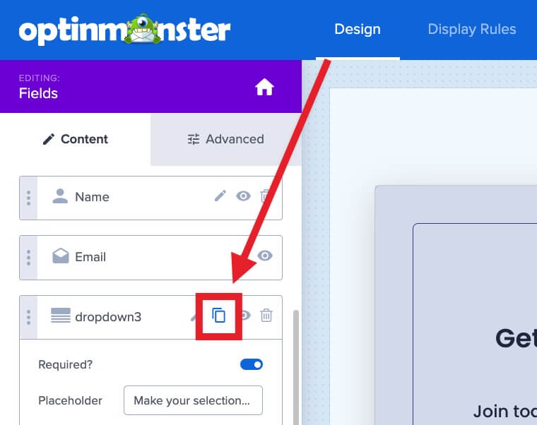 Duplicate an optin form field in OptinMonster.