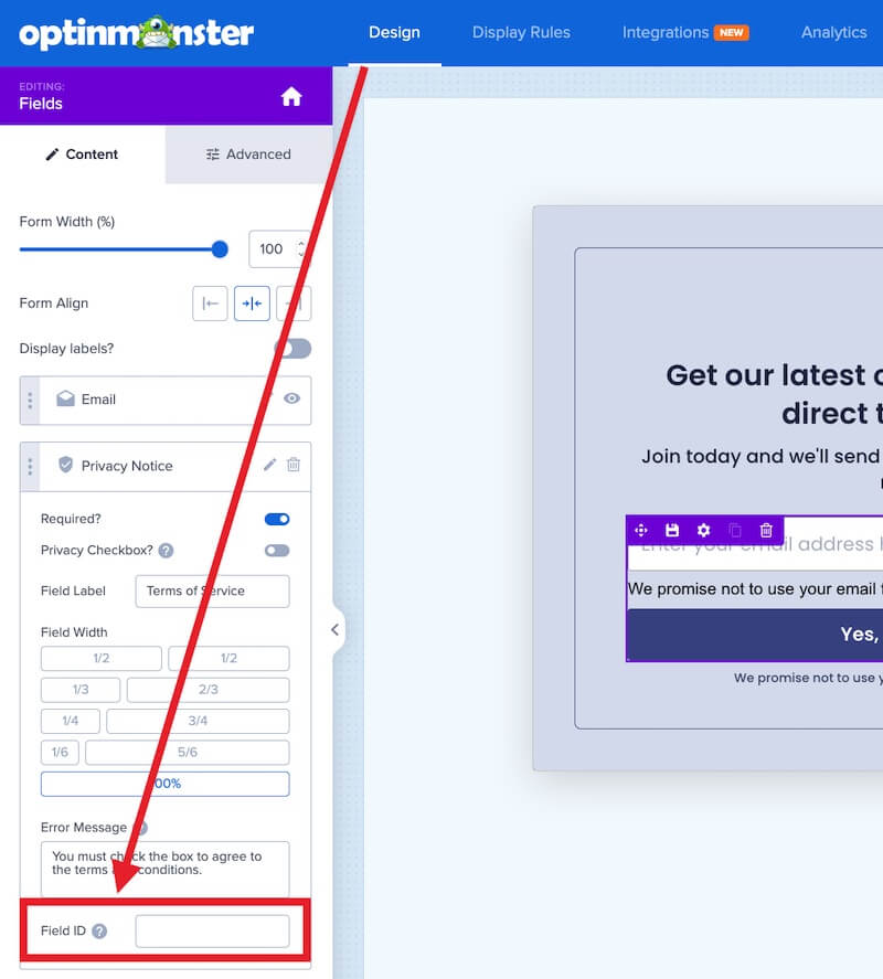 Set a custom field ID to target with CSS or Javascript in OptinMonster.