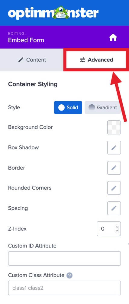 Advanced settings for the Embed Form block.