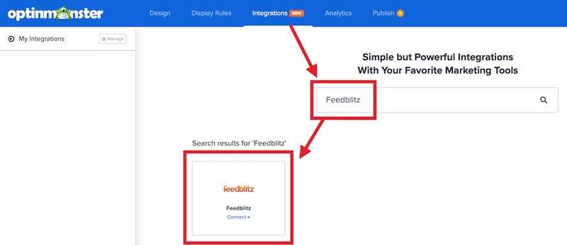 Select Feedblitz to integrate with OptinMonster.