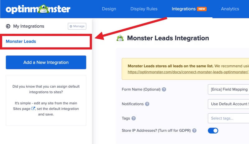 Select the integration to begin Field Mapping.