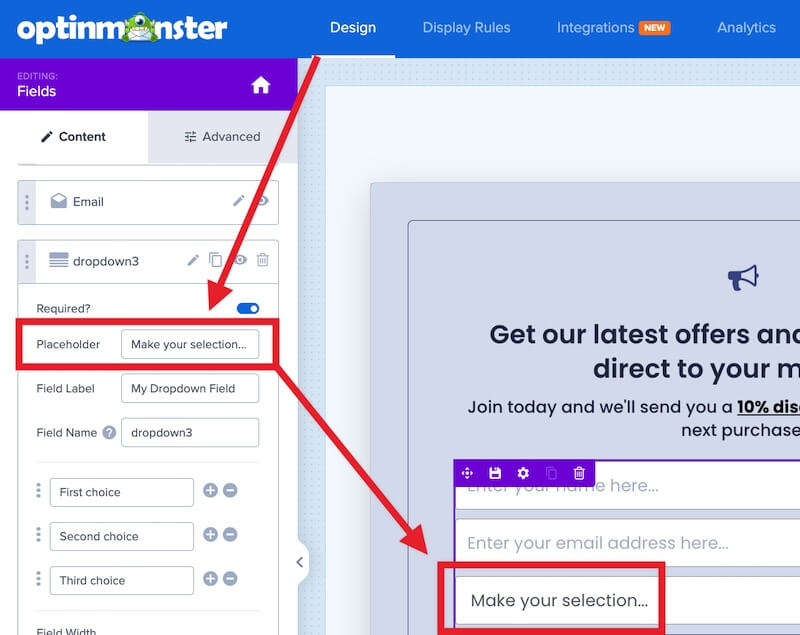 Customize the field placeholder text for your form field.