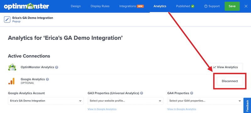 Disconnect Google Analytics from OptinMonster campaign.