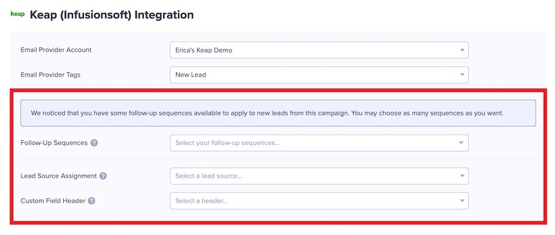 Keap optional settings in OptinMonster.