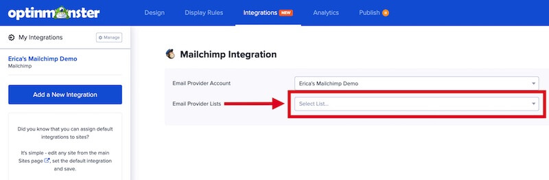 Select the Mailchimp Audience to add leads to in OptinMonster.