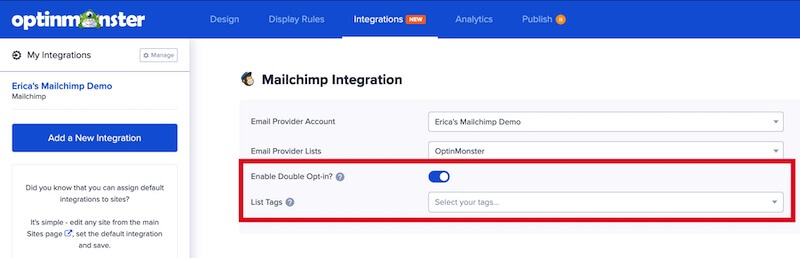 Mailchimp double optin and tags settings in OptinMonster.