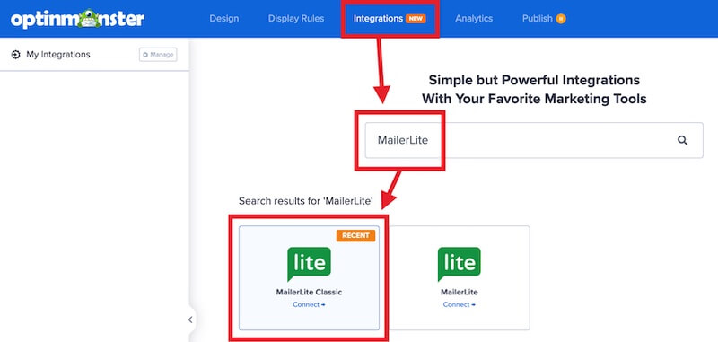 Select MailerLite Classic to integrate with OptinMonster.