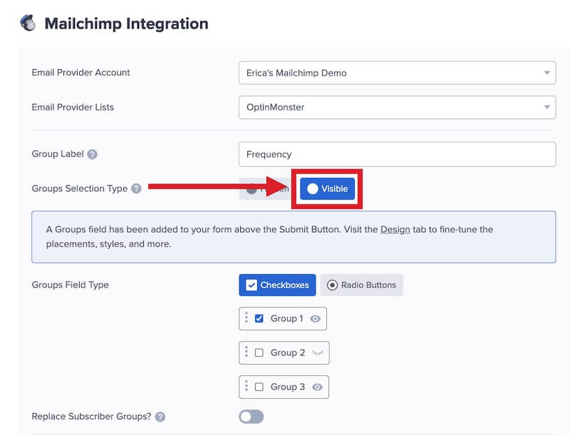 Enable Manual Group assignment for Mailchimp by toggling the Visible button.