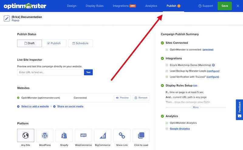 Select the Publish item from the top menu in OptinMonster's campaign builder.