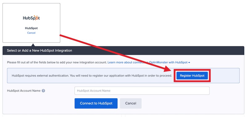 Register HubSpot with OptinMonster.