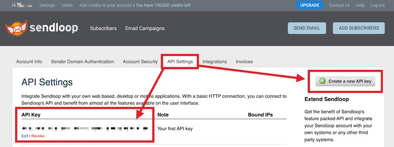 Create or copy your Sendloop API Key.