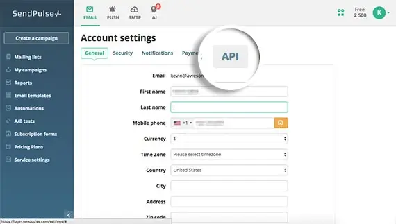 SendPulse API tab.