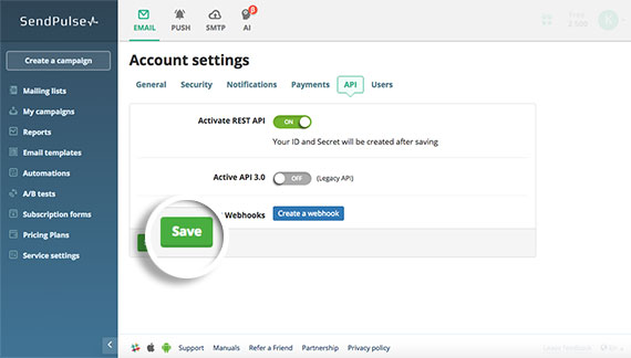 Save API Activation in SendPulse.