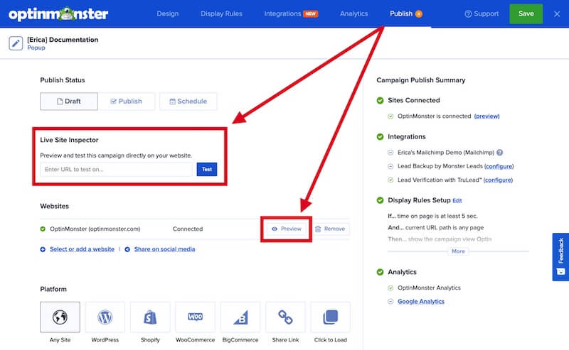 OptinMonster testing features for campaigns.