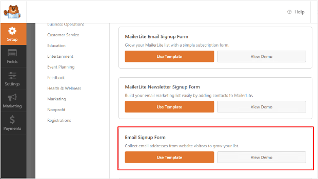 Screenshot of WPForms' dashboard, with the Email Signup Form option selected