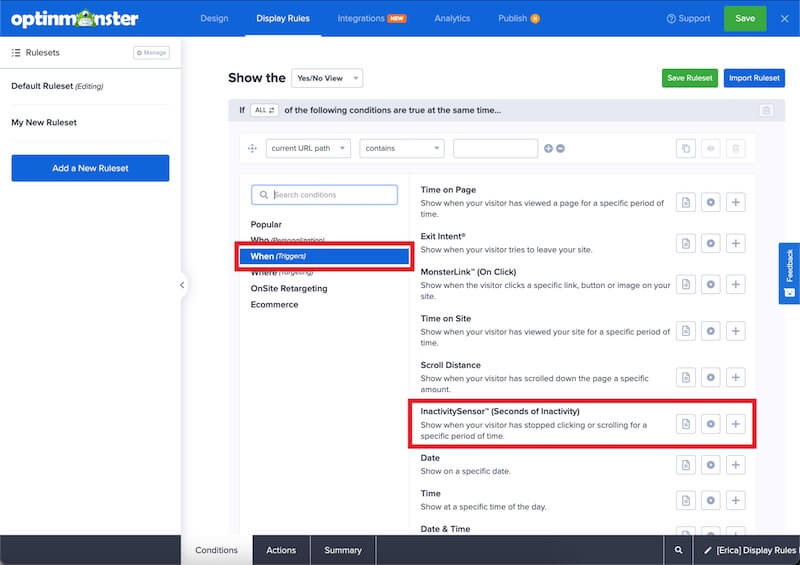 InactivitySensor rule in OptinMonster.